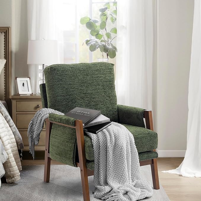 Modern Accent Chairs Set of 2 for Living Room Mid Century Arm Chairs Upholstered Bedroom Chairs Comfy Lounge Chairs with Solid Wood Frame, Green