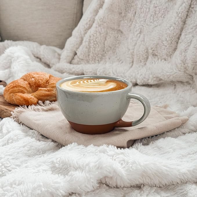 Mora Ceramic Latte Art Mug With Saucer - 10.5 oz, Round Bottom For Perfect Pours - Cafe Cups for Cappuccino, Espresso, Coffee, Tea etc - Porcelain Set for Baristas, Great Gift - Earl Grey