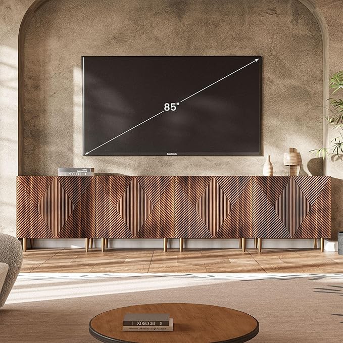 Set of 2 Fluted TV Stands with Storage, 65 Inch Accent Sideboard Large Console Table with Adjustable Shelves, Mid Century Modern TV Cabinets for Living Room, Dining Room, Walnut