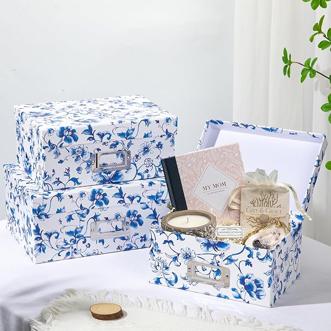 Briful Decorative Photo Storage Boxes with Lids, Set of 4 – Blue and White Porcelain Pattern, Nested Card Storage Box Organizer, Decorative Paperboard Box for Closet, Office, Gifts,Cosmetic,Books