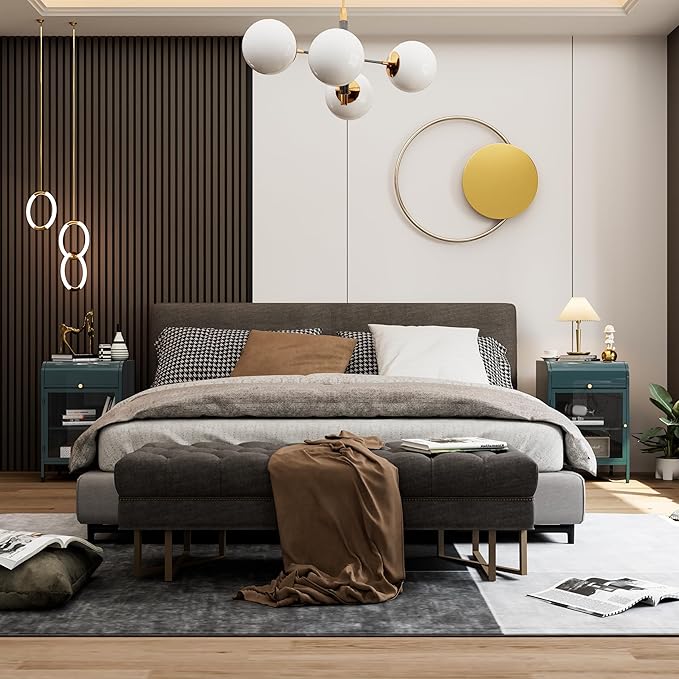 Modern Metal Side Tables Set of 2, End Tables with Glass Door, 2-Tier Nightstands with Storage Shelves, Accent Table, Slim Sofa Table for Living Room, Bedroom (Green)