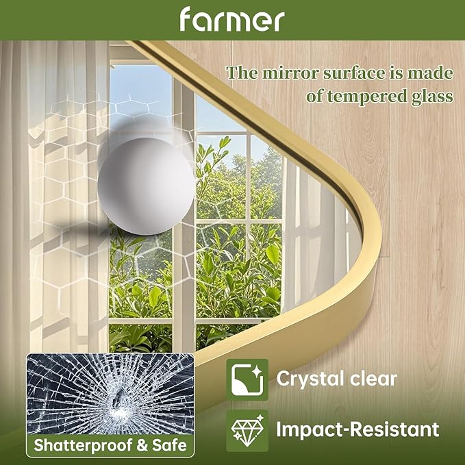 FARMER 26x38 Inch Gold Bathroom Mirror, Rectangle Vanity Mirror, Brushed Mirrors for Wall, Metal Frame Hanging Mirror with Round Corner for Bedrooms, Entryways, Living Rooms, Horizontal/Vertical