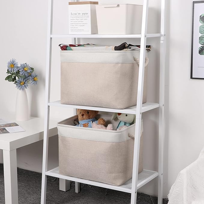 Bidtakay Beige Storage Basket Large Fabric Cloth Baskets [2-Pack] Tall Rectangular Shelf Baskets 16X11.8X11.8 in Canvas Collapsible Storage Bins with Handles for Organizing Living Room(White&Beige)