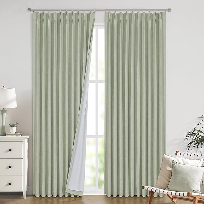 Vision Home Soft Green Pinch Pleated Full Blackout Curtains Linen Blended Room Darkening Window Panels 90 inch for Living Room Bedroom Thermal Insulated Pinch Pleat Drapes with Hooks 60" Wx90 Lx1