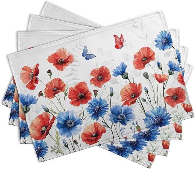 4th of July Floral Placemats Set of 4 Patriotic Summer Red Blue Flowers Linen Fabric Table Mats America Memorial Day Independence Day Place Mats for Party Kitchen Dining Decoration