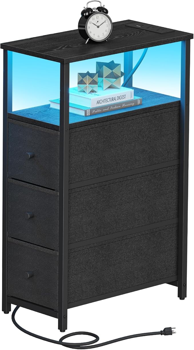 TUTOTAK Narrow LED Night Stand with Charging Station, Slim End Table with Plugins, Tall Side Table with 3 Fabric Drawer, Small Bedside Table with Storage, for Living Room, Black TB01BK086L