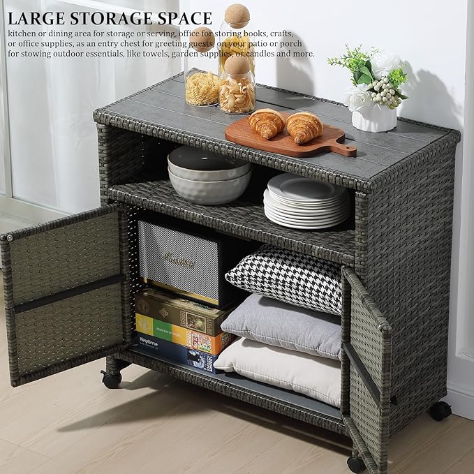 Outdoor Wicker Storage Cabinet,Patio Bar Table with Wheel, Outdoor Buffet Cabinet Movable, Garden Weather-Proof Bar Table/Cart for Indoor&Outdoor (Morden Gray)