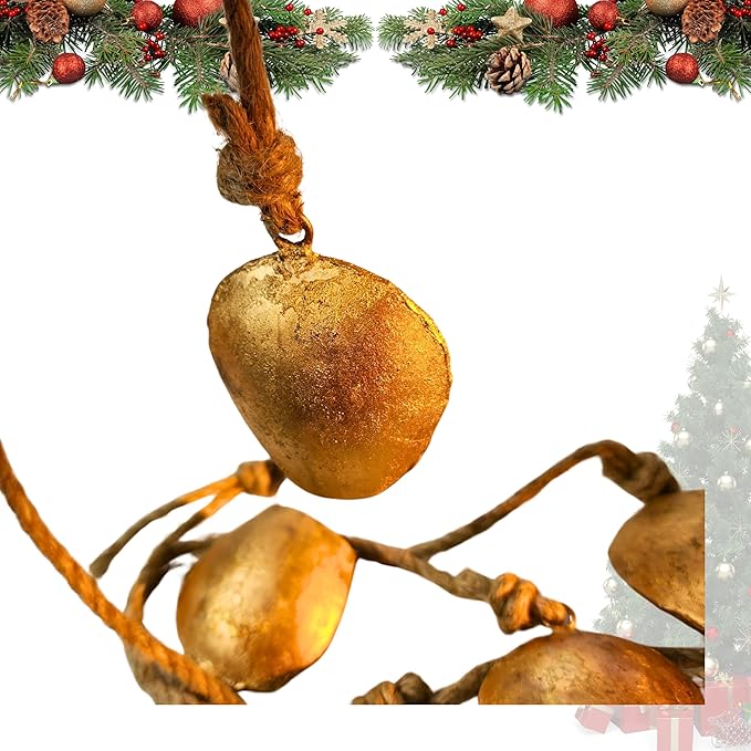 Harmony 5 Cow Bells Cluster on Rope - Large Rustic Vintage Lucky Cow Bells On Rope Wall Hanging Decor