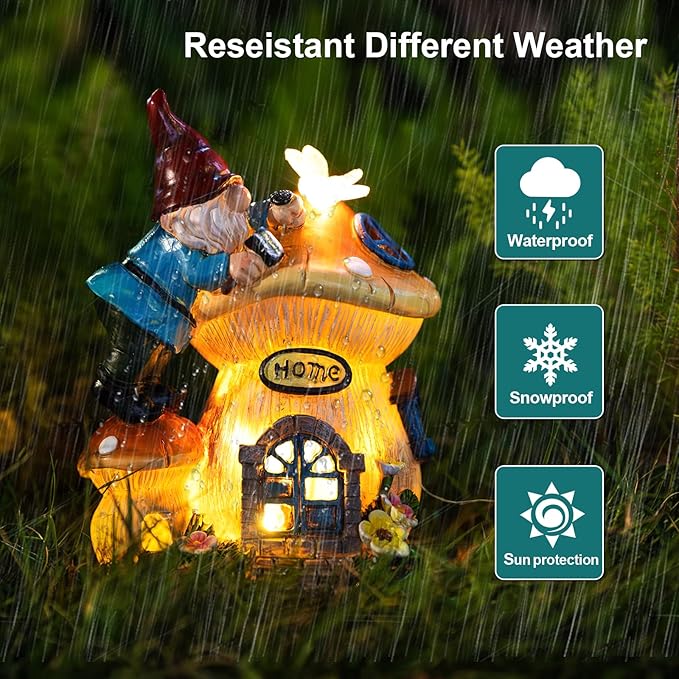 Garden Gnome Statues Figurine Lights - Solar Powered Lighting Outdoor Decorations, Gnome Build Mushroom Fairy House, Yard Art Lawn Ornaments for Porch Patio Balcony - Gnome Gifts for Women Mom