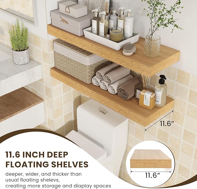 Deep Floating Shelves for Wall, 35.4W x 11.6D Rustic Large Wall Shelves Set of 2, 11.6 Inch Deep Oak Shelves 35.4 Inches Long, Bookshelf Laundry Shelf TV Shelf