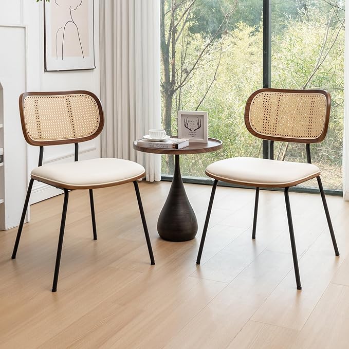 Rattan Dining Chairs Set of 2, Mid Century Modern Dining Chairs with Cane Back for Kitchen Dining Room, 19 Inch Faux Leather Beige