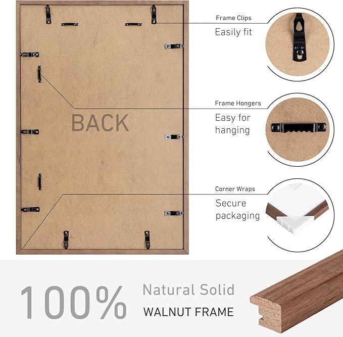 16x24 Poster Frame Natural Solid Walnut Photo Frames with 12x18 Removable Mat Wall Hanging Large Handcrafted Frame with HD Plexiglass Wall and Tabletop Display Large Picture Frame