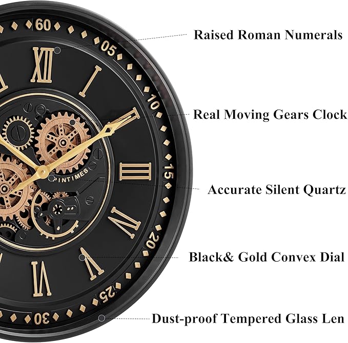 CLXEAST 24 Inch Wall Clock with Moving Gears, Black Gold Roman Numeral Wall Clocks for Modern Farmhouse Living Room Decor,House Warming Gifts New Home