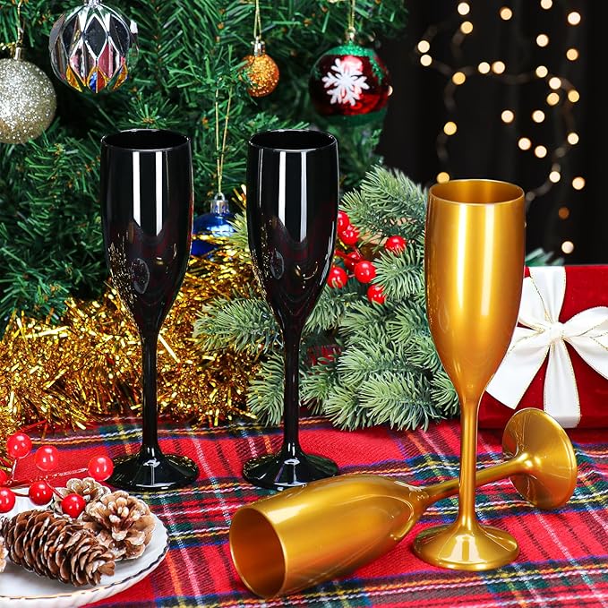 XUWAIDSGN Acrylic Champagne Flutes Toasting Glasses Unbreakable Mimosa Bar Reusable Wine Glasses Vintage Champagne Flutes Stemmed Drinking Cups 5.4 OZ for Christmas Birthday (24, Black)