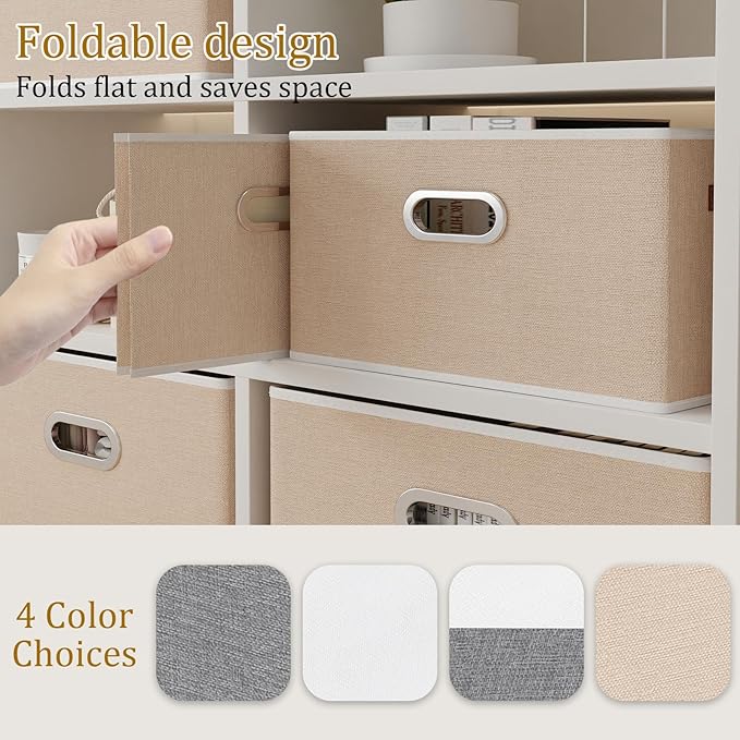 Yawinhe Fabric Storage Bins with Handles, Foldable Baskets for Shelves, Cubes with 3 Handles, Large Boxes for Clothes, Beige, 16.9''Lx11.8''Wx10.2''H, 4-Pack
