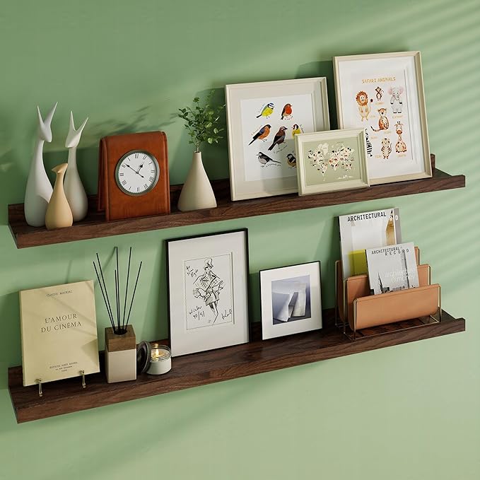 Floating Picture Ledge Shelves 48 Inch Solid Oak Wood Set of 2, Rustic Wall Storage Shelves with Lip, Kids Bookshelf, Photo & Picture Ledge Shelves for Bedroom, Living Room, Kitchen