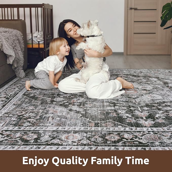 AMOAMI-Area Rug 6X9 Rugs for Living Room-Vintage Sof Dark Grey & Black Rugs for Bedroom-Non Slip Carpet-Machine Washable Rug for Dining Room Living Room Bedroom Office Under Table