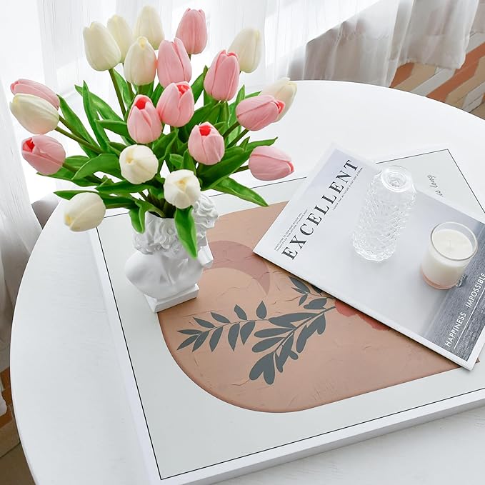 Mandy's Artificial Tulips 20 Stems White and Light Pink PU Faux Flowers for Wedding Home Decor 13.5 Inch