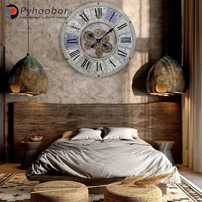 Unique Moving Gear Large Wall Clock 21inch-Battery Powered. Retro Industrial Steampunk Country Farmhouse Decor for The Living Room Kitchen Bars cafes Offices(whith/metal/21)