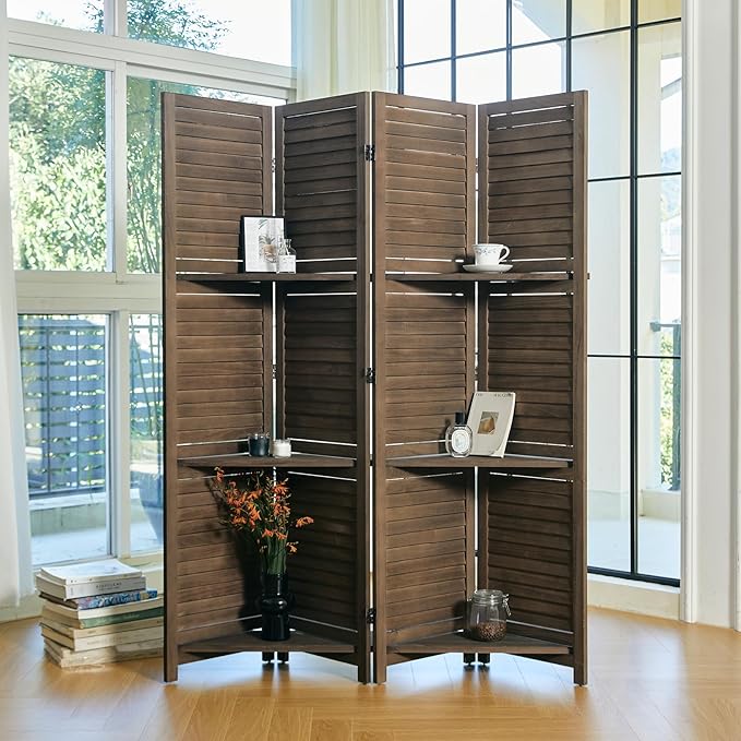 Room Divider with Shelves, 5.6 Ft Tall Folding Wood Screen with Double Hinges for Home Office Bedroom Hotel Decoration (4 Panels, Brown)