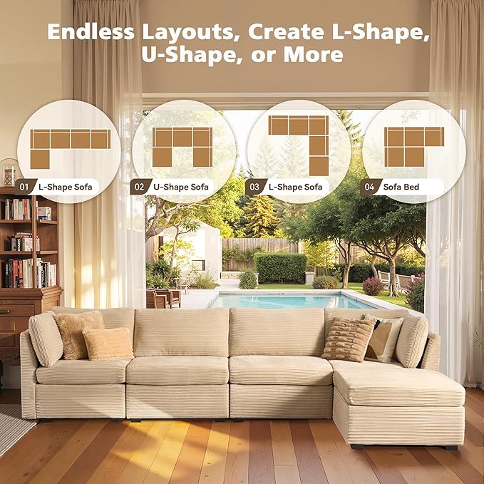 Modular Sectional Sofa, 130.7" L Shaped Couch Set for Living Room, 4-Seater Comfy Cloud Couches with Movable Ottoman, DIY Combination, Plush Corduroy, Beige
