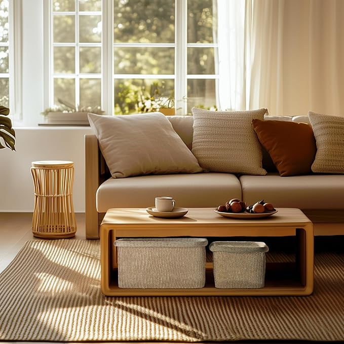 La Jolie Maison Blended Fabric Storage Baskets Set of 2, Rectangle Knitted Baskets for Organizing, Boho Decorative Baskets, Durable Finish, Oatmeal