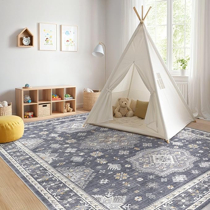 Washable Area Rugs for Living Room -9x12 Neutral Vintage Distressed Floral Farmhouse Boho Large Soft Floor Rug Indoor Non Slip Carpet for Living Room Bedroom Dining Room Office - Denim Blue/Grey