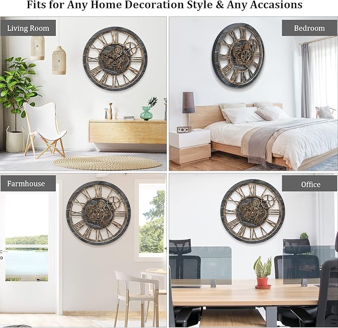 HOIBAI Wall Clock, 24 Inch Moving Gears Clock Large Wall Clock for Living Room Decor Rustic Vintage Industrial Steampunk Farmhouse Big Clock for Home Kitchen Bedroom Office
