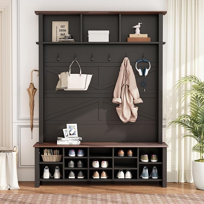 Ball & Cast 4-in-1 Hall Tree with 6 Hooks,Walnut Entryway Bench with Adjustable Shelves,Rustic Shoe Organizer with 16 Open Compartments,for Mudroom,Living Room,Hallway,Black