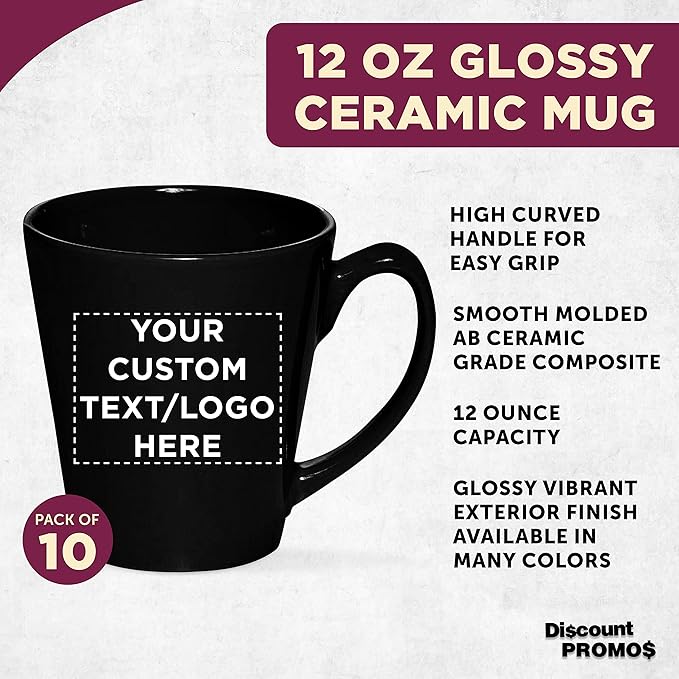 DISCOUNT PROMOS Custom Glossy Ceramic Latte Coffee Mug 12 oz. Set of 10, Personalized Bulk Pack - Perfect for Tea, Espresso, Cappuccino, Hot Cocoa - Black