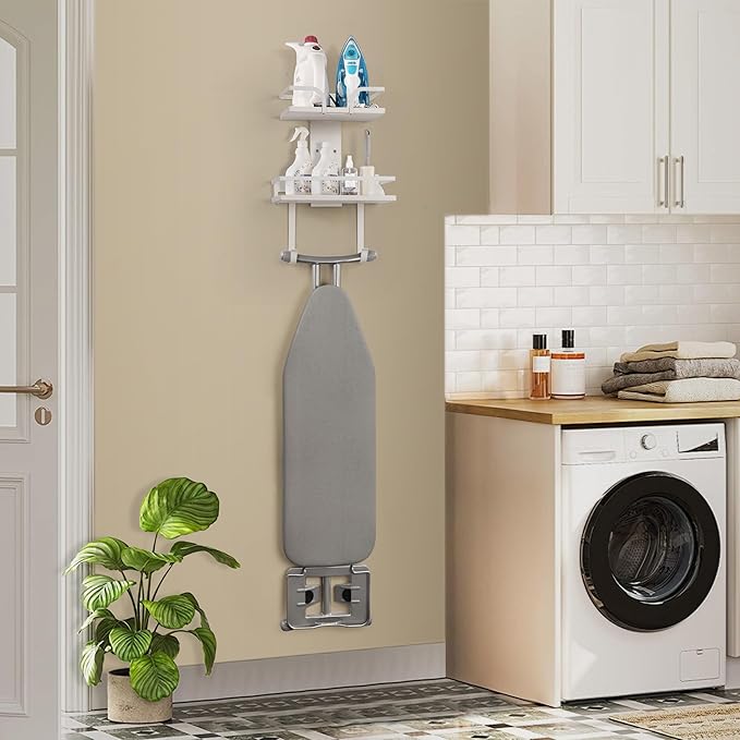 VINAEMO Ironing Board Hanger Wall Mount, 2-Layer Iron and Ironing Board Holder, Laundry Room Shelves Solid Wood with Removable Hooks Home Organization and Storage (White)