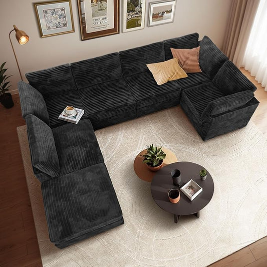 Modular Sectional Sofa with Chaise U Shaped Sectional Couch for Living Room, 7-Seater Comfy Cloud Couches with One Movable Ottoman, Plush Corduroy, Black
