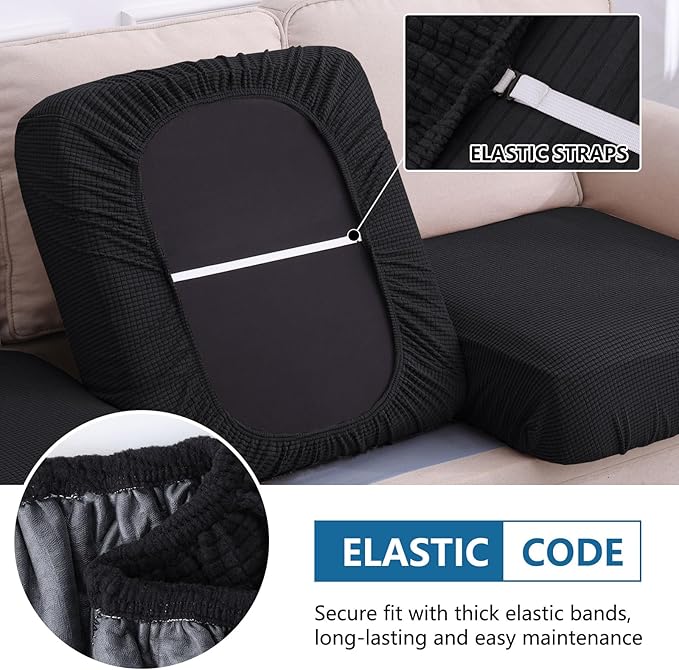 hyha Waterproof Sectional Couch Covers, Non Slip Sofa Couch Cushion Covers L Shape, Thick Stretch Jacquard Fabric, Washable Sofa Slipcovers with Elastic Bottom (1 Piece for Chaise, Black)