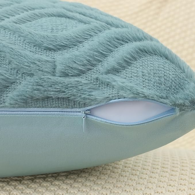 decorUhome Fall Throw Pillow Covers 18x18 Inch Set of 2, Soft Plush Decorative Faux Fur Aqua Solid Couch Pillow Covers, Accent Farmhouse Neutral Square Euro Pillow Cases for Sofa Bed Living Room