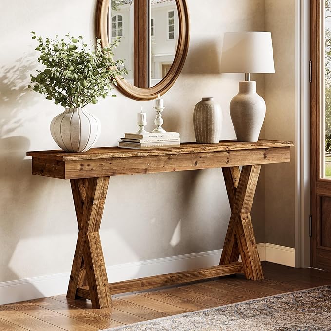 Solid Wood Console Table, 63-Inch Farmhouse Entryway Table with X-Shaped Legs, Real Wood Behind The Couch Table for Living Room, Entrance, Hallway, Easy Assembly
