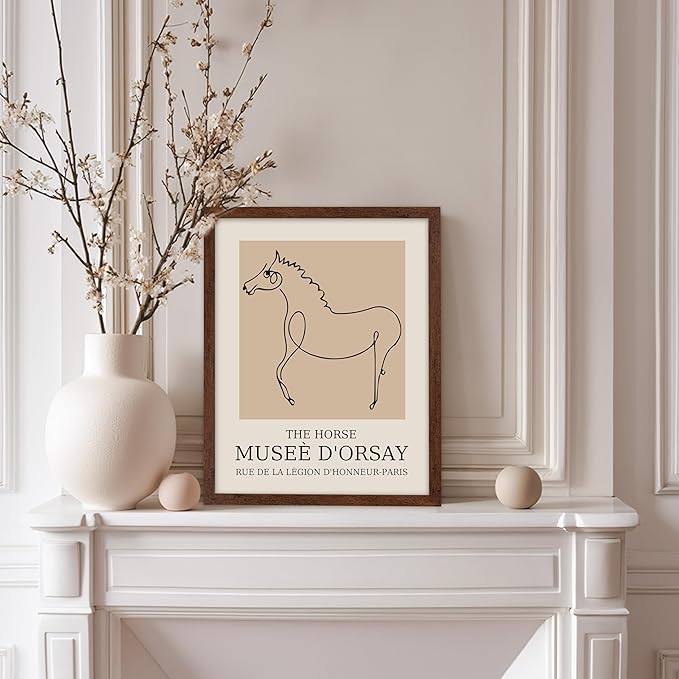 Poster Master Vintage Poster - Retro Minimalist Print - Gift for Artist, Friend - Horse, Line Drawing, Sketch, Abstract - Wall Decor for Living Room, Bedroom, 8x10 Brown Framed