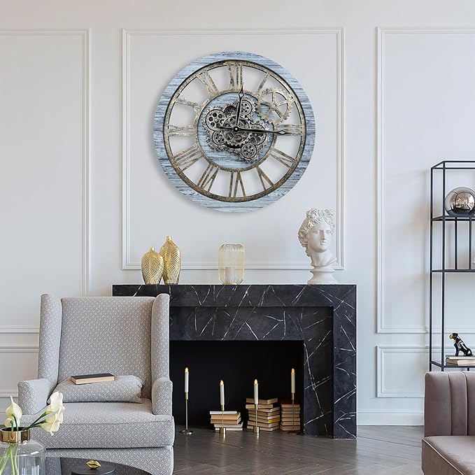 HOIBAI Large Wall Clock, Wall Clocks for Living Room Decor Farmhouse Vintage Rustic Kitchen Wall Decor Vintage Roman Big Oversized Wall Clock for Home Bedroom House Office, Moving Gears Clock