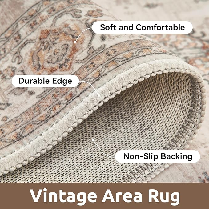 AMOAMI-Vintage Area Rug 8X10 Brown Rugs for Living Room-Soft Living Room Rug Non Slip Rugs for Bedroom Carpet Machine Washable Rug for Dining Room Bedside Office Room Decor