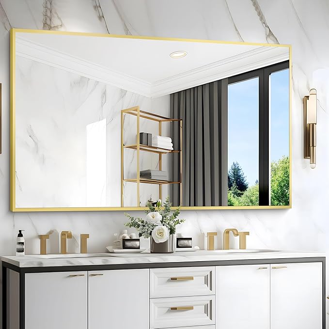 36x55inch Bathroom Mirror, Gold Rectangle Mirror with Thin Metal Frame, Large Rectangular Wall Mirror for Bathroom, Living Room, Hair Salon, Big Farmhouse Mirror Hang Horizontal/Vertical