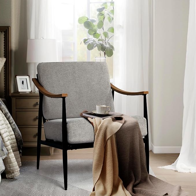 Modern Accent Chairs Set of 2 for Living Room Bedroom Mid Century Arm Chairs Upholstered Office Accent Chairs Comfy Waiting Room Chairs with Metal Frame, Grey