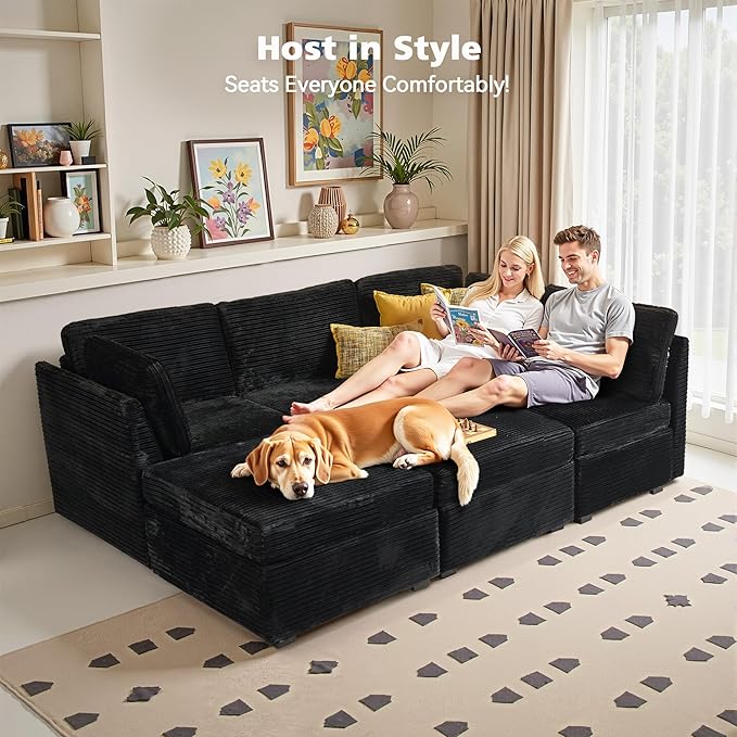 Modular Sectional Sofa, 130.7 Inch U Shaped Couch Set for Living Room, 4-Seater Comfy Cloud Couches with Two Movable Ottoman, Plush Corduroy, Black