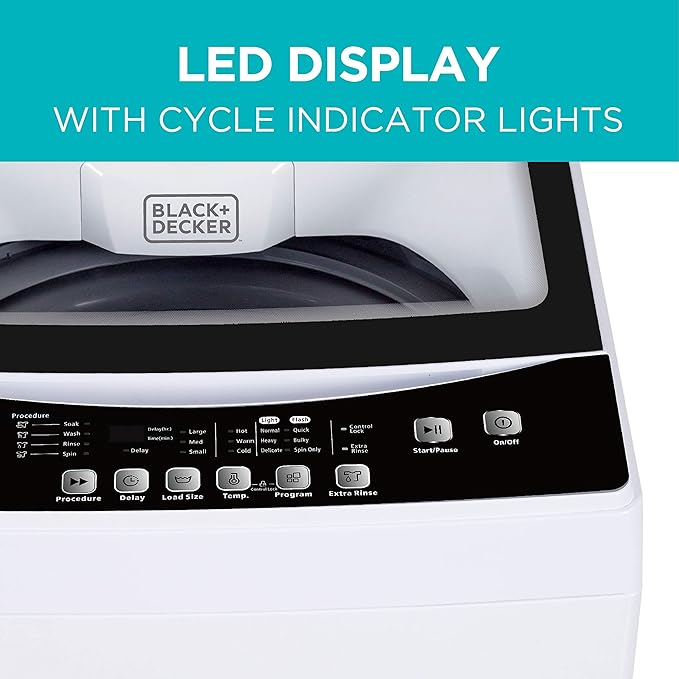 BLACK+DECKER Small Portable Washer, Washing Machine for Household Use, Portable Washer 1.7 cu.Ft with 8 Cycles, Transparent Lid & LED Display