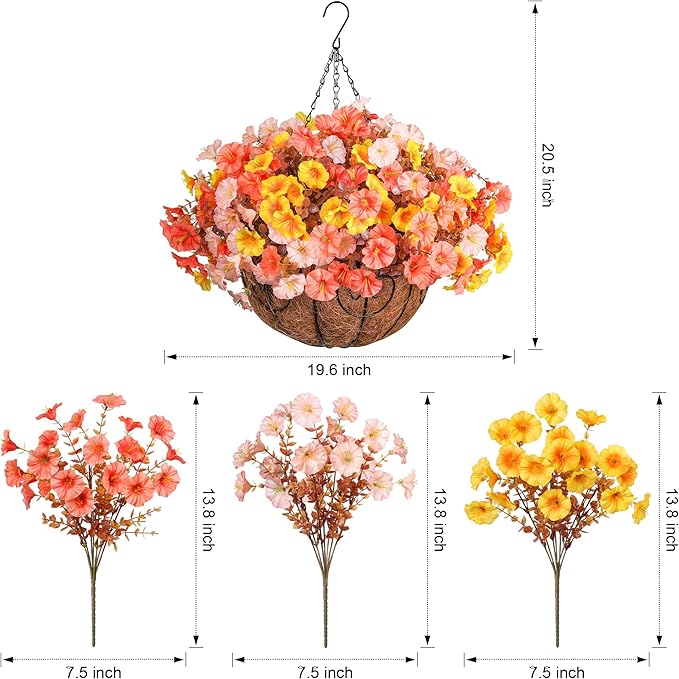Artificial Fall Flowers Fake Hanging Plants Flowers Basket for Outdoors Autumn Decoration, Silk Morning Glory with Eucalyptus Look Real UV Resistant Faux Flowers for Outside Porch Patio Balcony, Mix