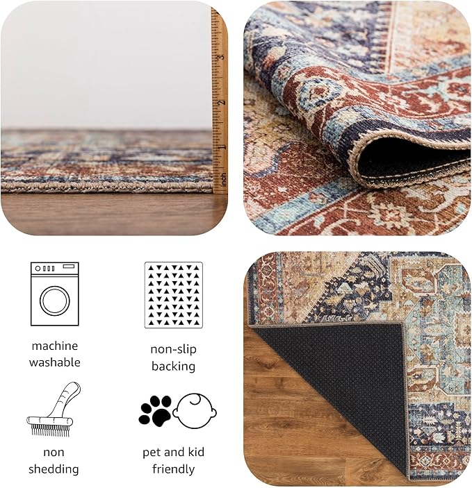 Keen Home Design 6x9 Rug - Machine Washable Area Rug with Non-Slip Backing, Ideal for Living Room, Dining Room, Bedroom - Vintage, Easy Clean, Durable, Low Pile Rug - (6' x 9')