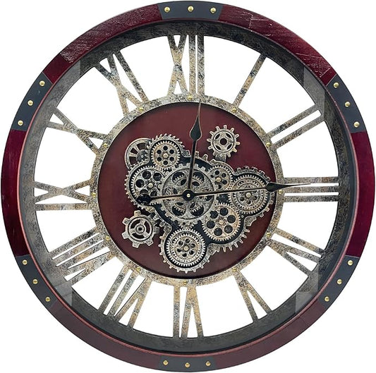 DORBOKER 36" Original Moving Gears Wall Clock, Large Industrial Wall Clock for Living Room Decor,Oversized Wood Vintage Farmhouse Steampunk Rustic Clocks for Wall Decor,Cherry Red