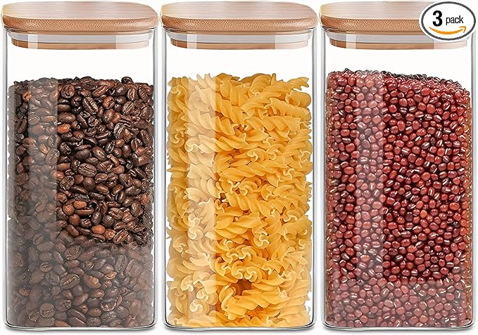 Square Glass Jars Canister with Wood Lid 50 FL OZ [Set of 3], Container Jar with Sealing, Lids for Oat Pasta Flour Cereal Rice Sugar Tea Coffee Beans, Best for Kitchen & Pantry