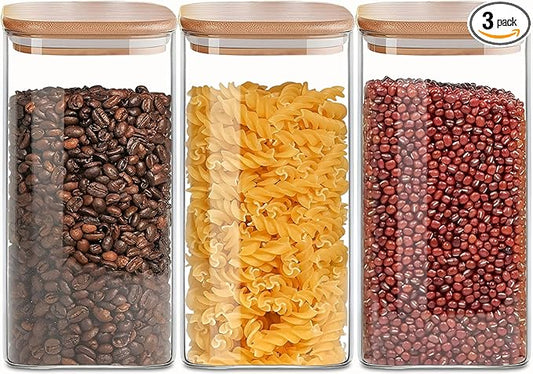 Square Glass Jars Canister with Wood Lid 50 FL OZ [Set of 3], Container Jar with Sealing, Lids for Oat Pasta Flour Cereal Rice Sugar Tea Coffee Beans, Best for Kitchen & Pantry