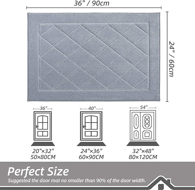 BEQHAUSE Dirt Trapper Door Mat 24" x 36", Doormat Non-Slip Entryway Rugs Washable, Dog Door Mat Stain Resistant and Absorbent Welcome Floor Mat for Front Back Door, Muddy Wet Shoes & Paws, Grey