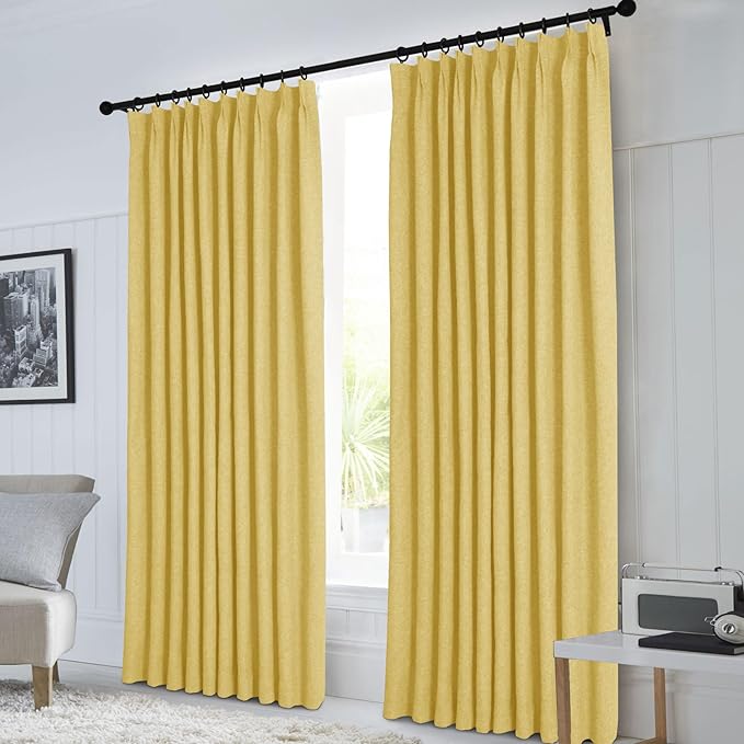 Macochico Pinch Pleated Blackout Curtains 102 Inches Long 100% Blackout Natural Linen Drapes for Bedroom Living Room Windows Farmhouse Burlap Curtains with Tieback 52”Wx102”L Yellow 1 Panel