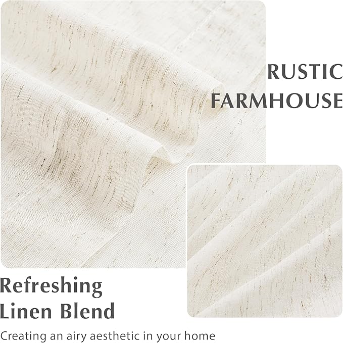 FMFUNCTEX Linen Sheer Pinch Pleated Curtains for Living Room, Linen Flax Beige 90 Inches Long Sheer Curtain See Through Panels for Bedroom, Natural Window Drapes for Farmhouse, Back Tab 2 Panels